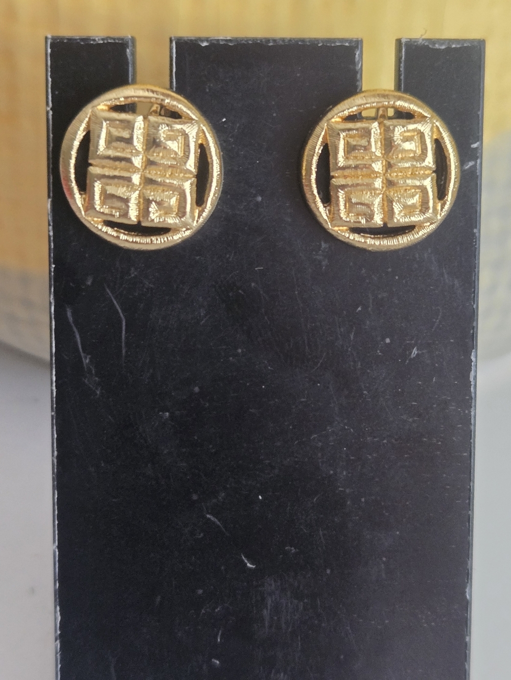 EUC Vintage Givenchy Chrome Gold Tone Logo Clip-On Earrings